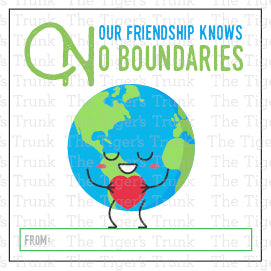 Geography-themed Valentine’s tag that reads Our Friendship Knows No Boundaries