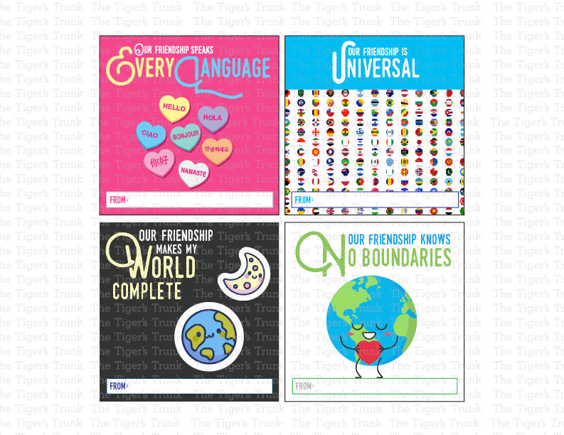 Valentine’s tags with geography and travel themes featuring messages like "Our Friendship Is Universal."