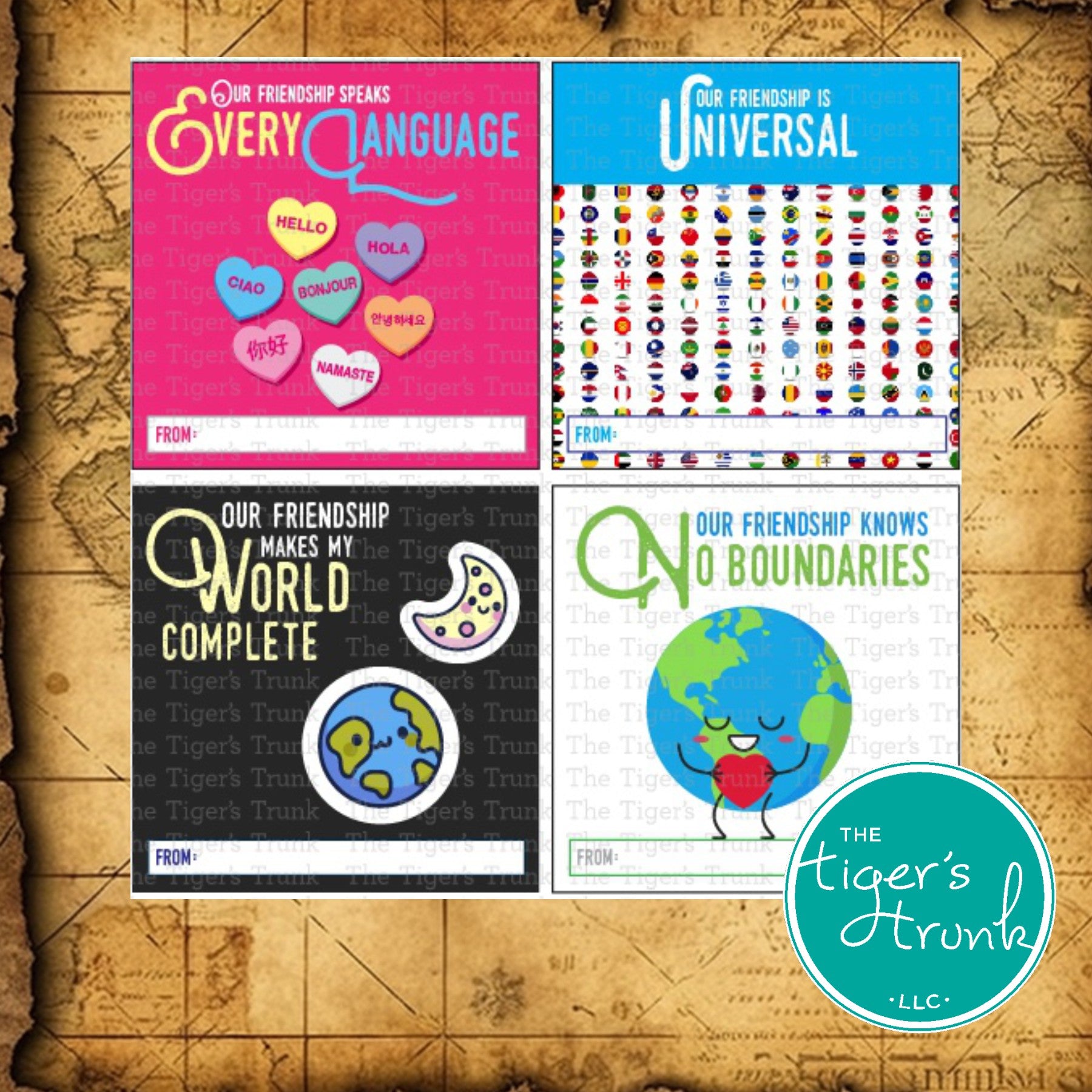 Valentine’s tags with geography and travel themes featuring messages like "Our Friendship Is Universal."