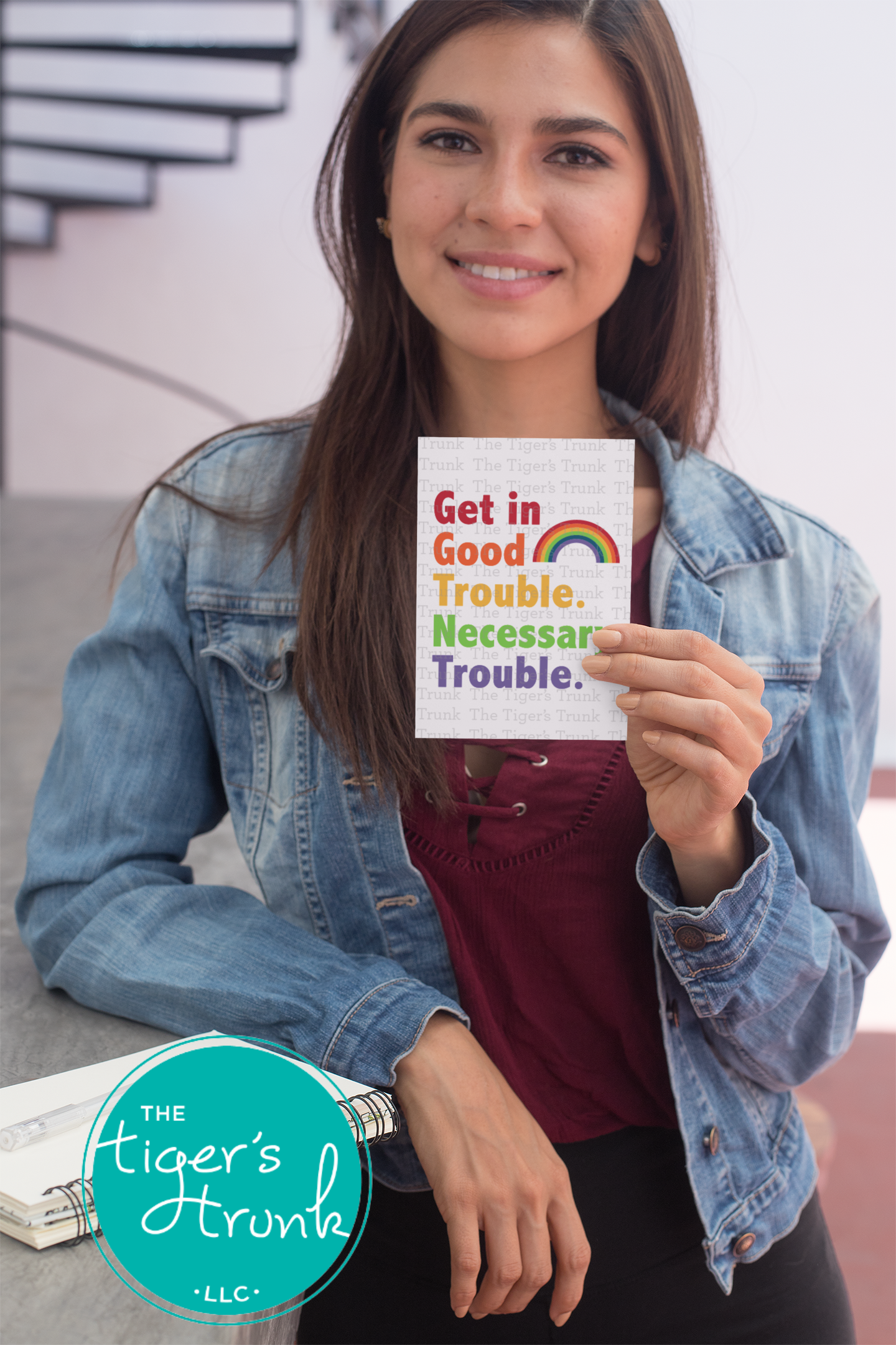 Printable LGBTQ+ pride card with the quote "Get in Good Trouble. Necessary Trouble," designed for activism and allyship, instant download