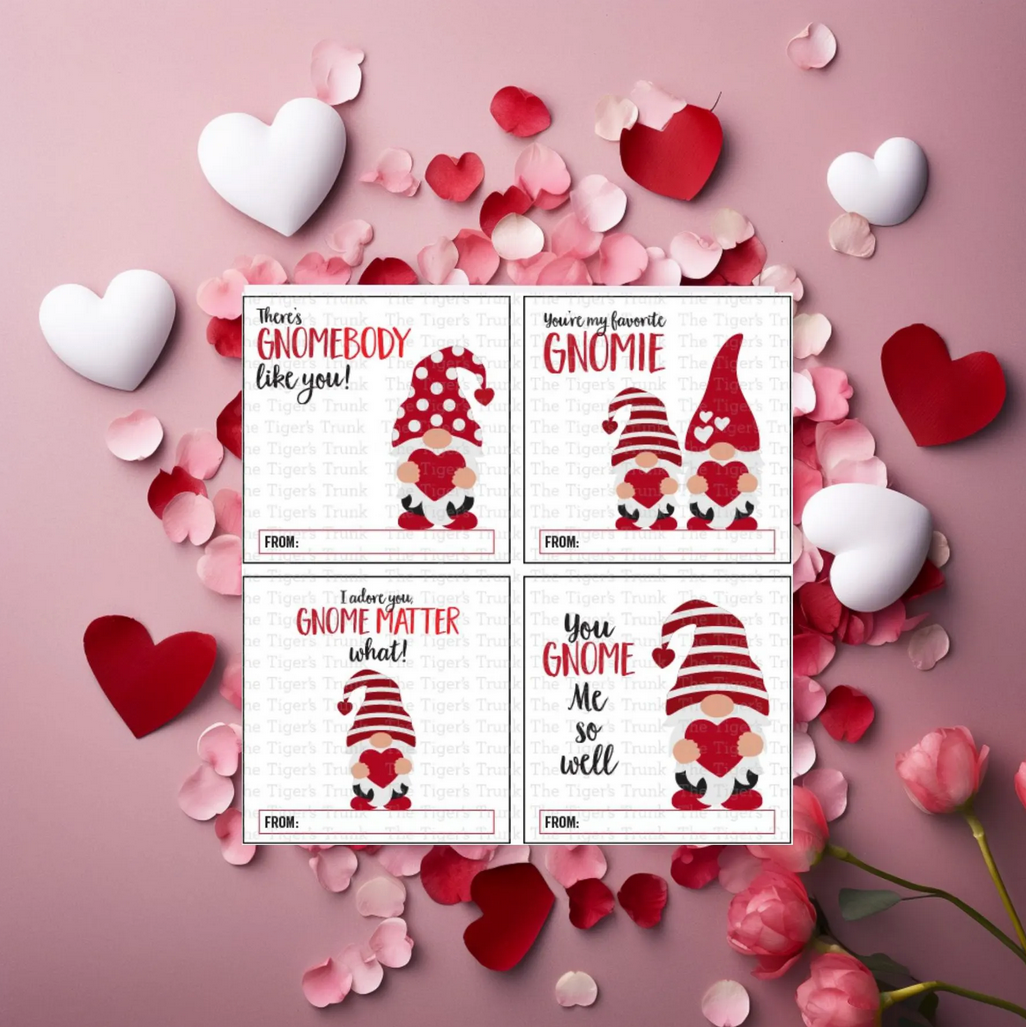 Digital download Valentine tags featuring gnome designs, 8 unique and colorful options, perfect for kids and party favors.