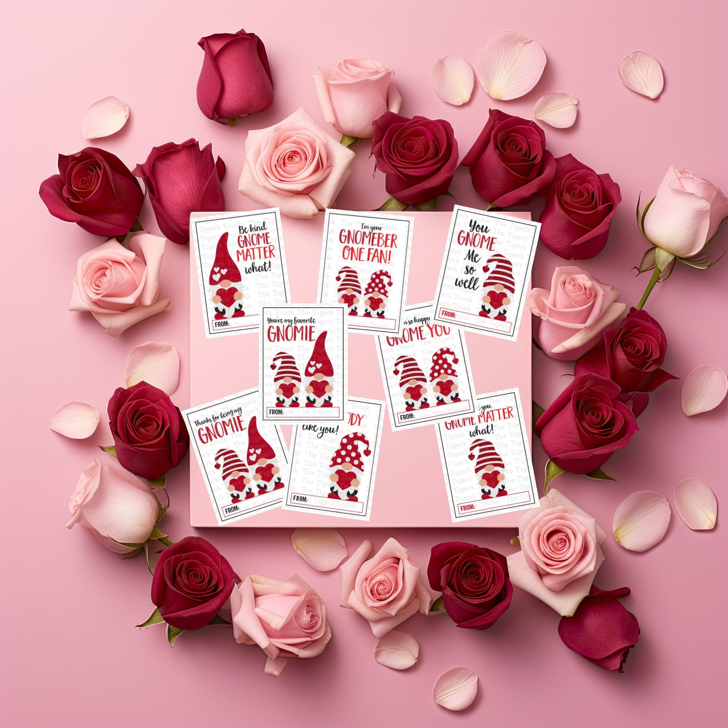 Gnome-themed printable Valentine cards with 8 unique designs, perfect for classroom exchanges and kids, instant download.