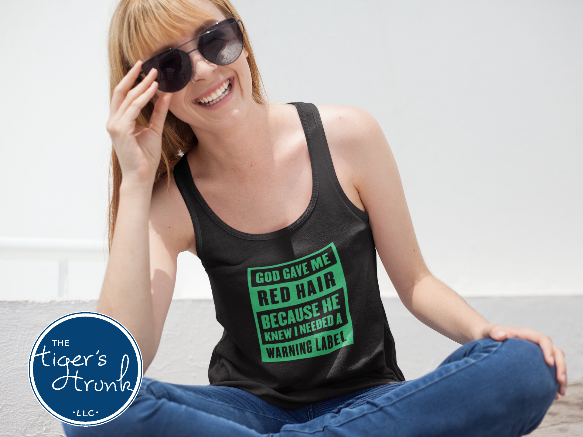 Funny St. Patrick’s Day tank top featuring God Gave Me Red Hair Because He Knew I Needed a Warning Label in a festive Irish design