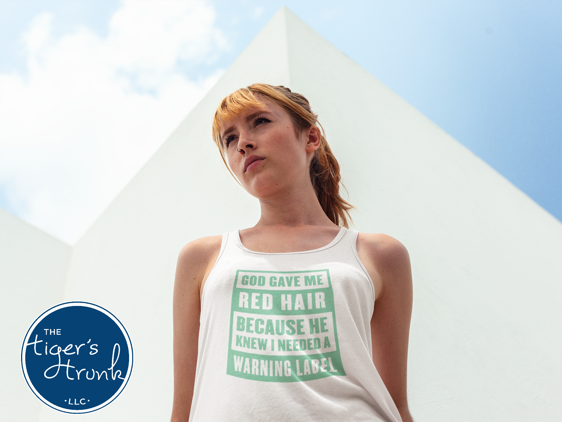 Funny St. Patrick’s Day tank top featuring God Gave Me Red Hair Because He Knew I Needed a Warning Label in a festive Irish design