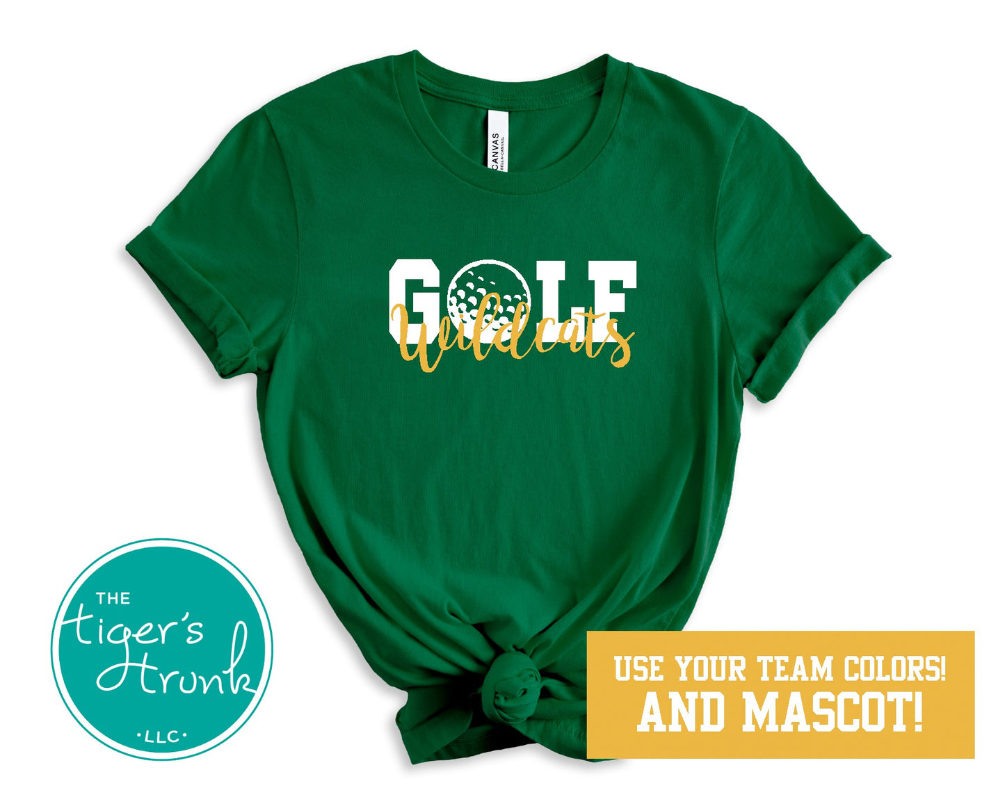 Personalized golf shirt with golf ball O design, customized with school mascot name and team colors, ideal for golf fans and supporters