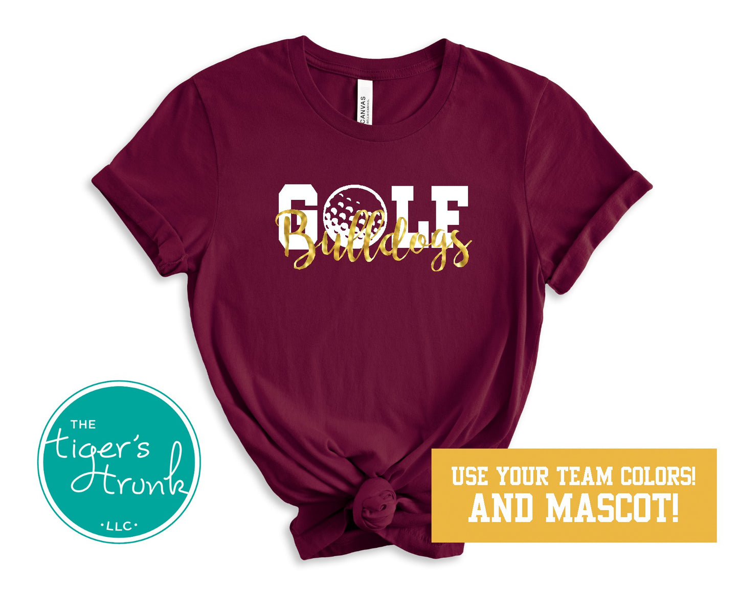 Personalized golf shirt with golf ball O design, customized with school mascot name and team colors, ideal for golf fans and supporters