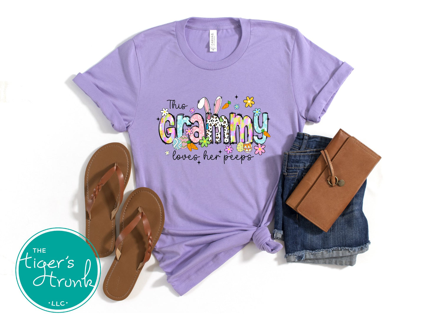 Easter t-shirt for Grammy with spring print font including bunnies, eggs, and flowers, designed for festive holiday wear