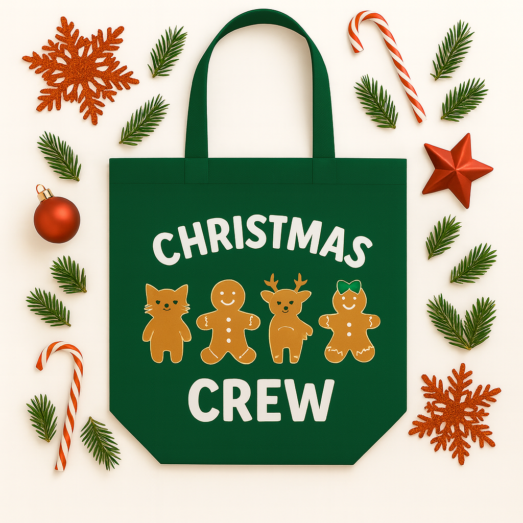 Green Canvas Tote Bag Mockup with Christmas Decor PNG