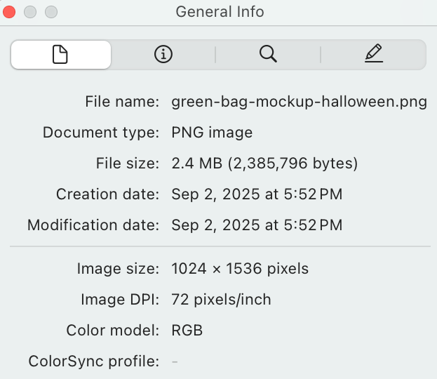 File information window showing a green bag mockup image with details like file name, type, size, and creation/modification dates.