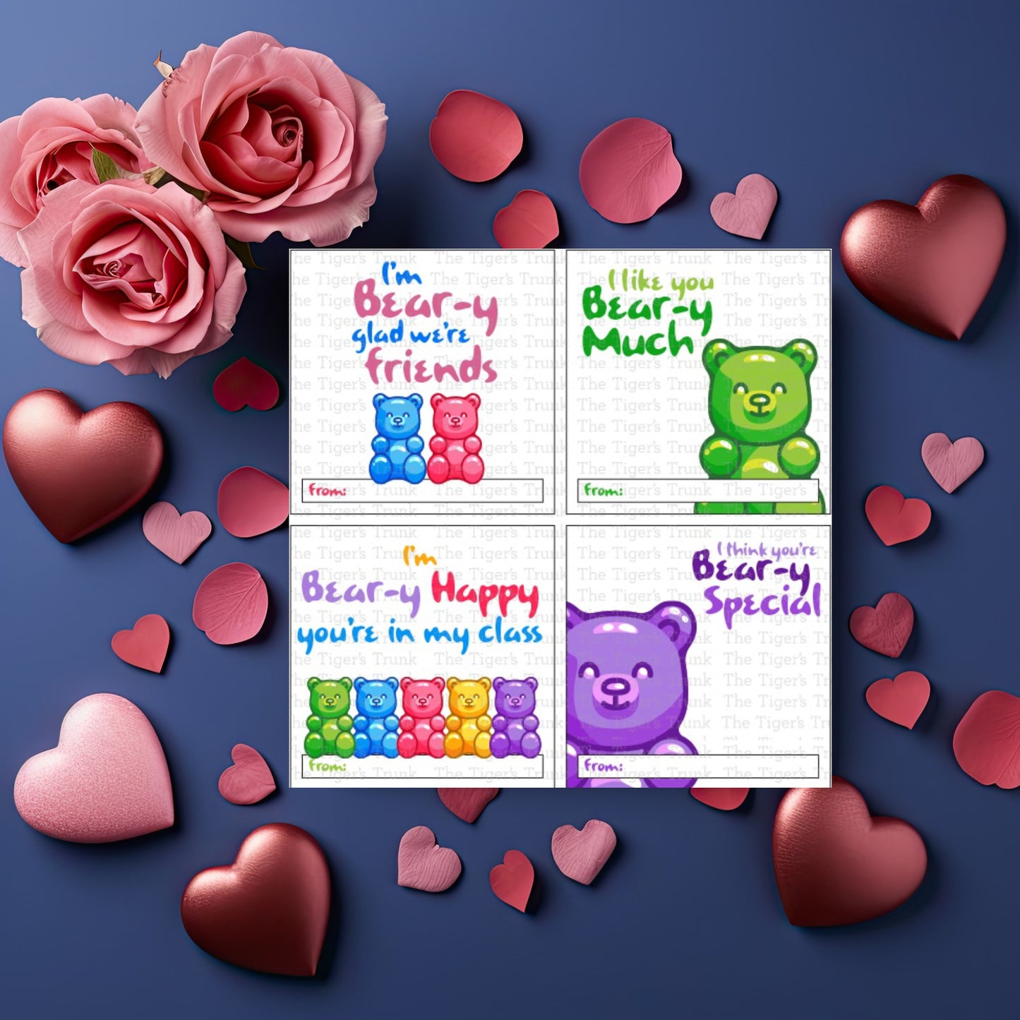 Printable Valentine’s tags featuring gummy bear designs, perfect for kids’ treat bags and classroom exchanges, instant download.