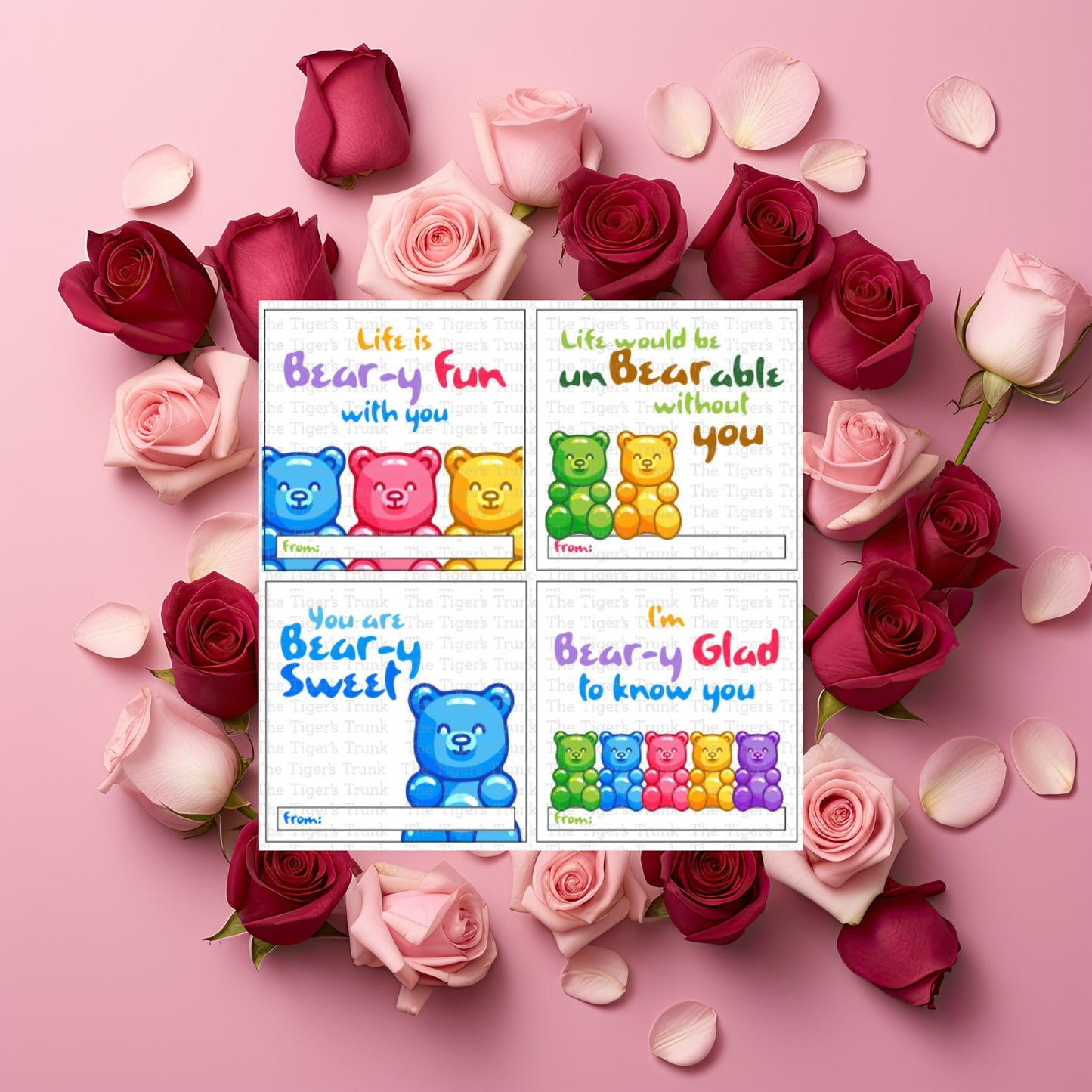 Printable Valentine’s tags featuring gummy bear designs, perfect for kids’ treat bags and classroom exchanges, instant download.