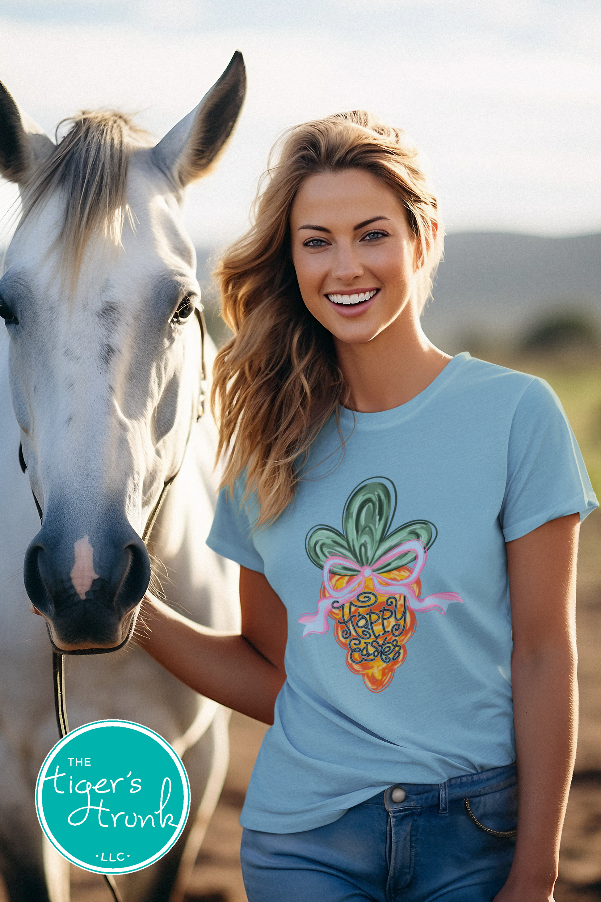 Easter t-shirt with Happy Easter text and watercolor carrot design, soft pastel spring look perfect for the holiday season.
