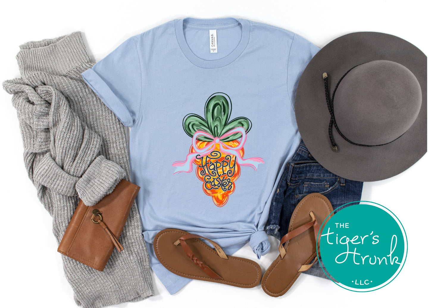 Easter t-shirt with Happy Easter text and watercolor carrot design, soft pastel spring look perfect for the holiday season.
