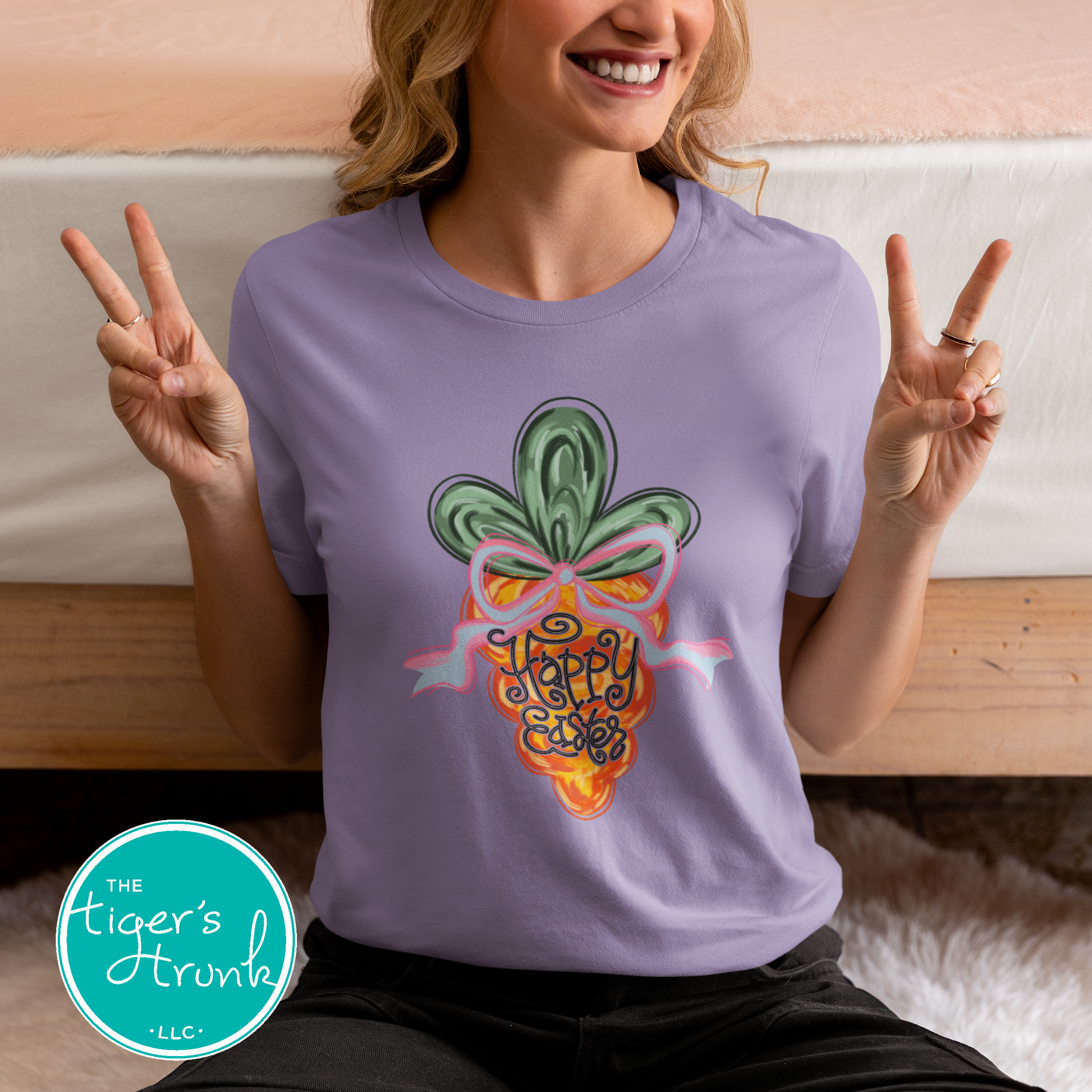 Easter t-shirt with Happy Easter text and watercolor carrot design, soft pastel spring look perfect for the holiday season.