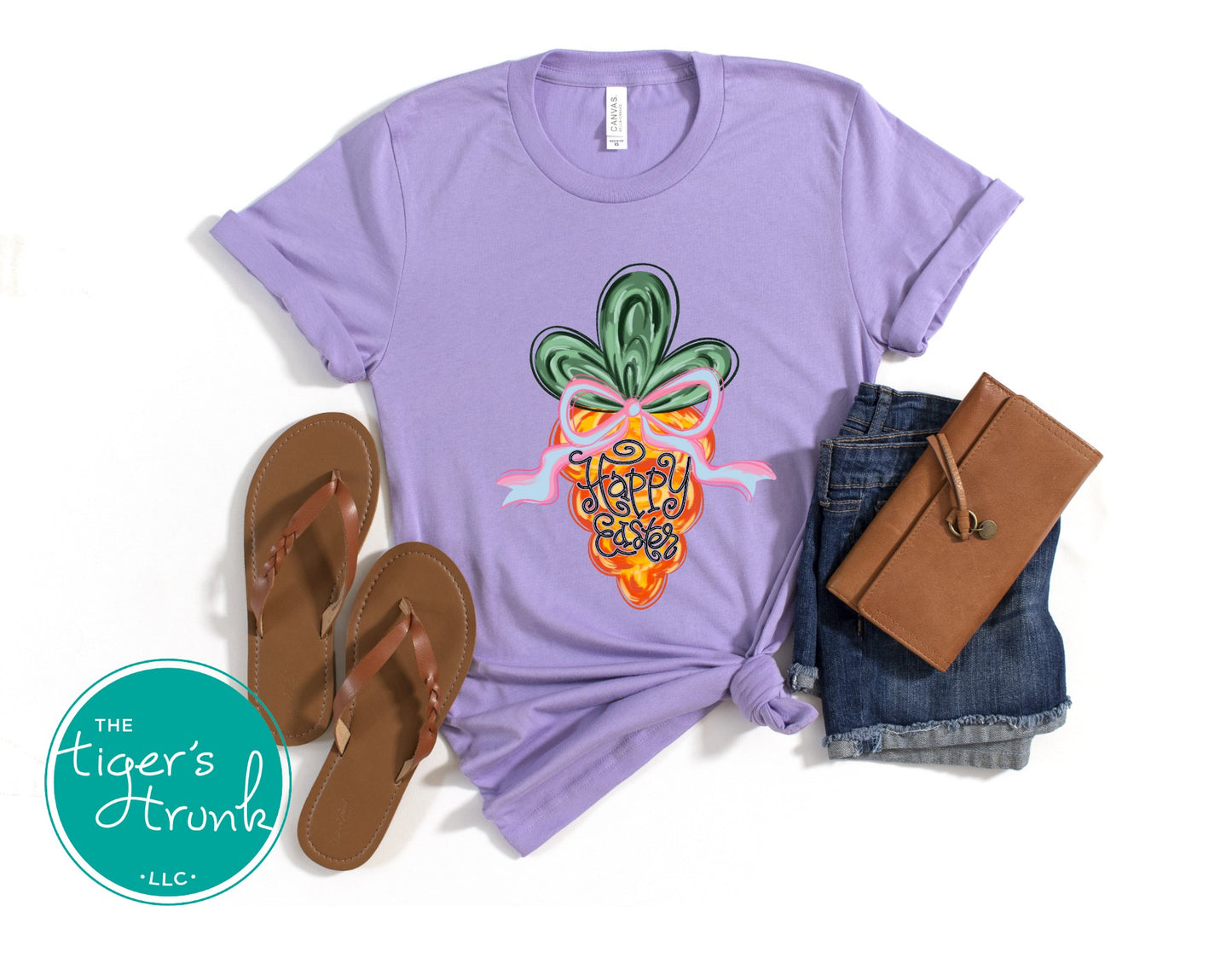 Easter t-shirt with Happy Easter text and watercolor carrot design, soft pastel spring look perfect for the holiday season.