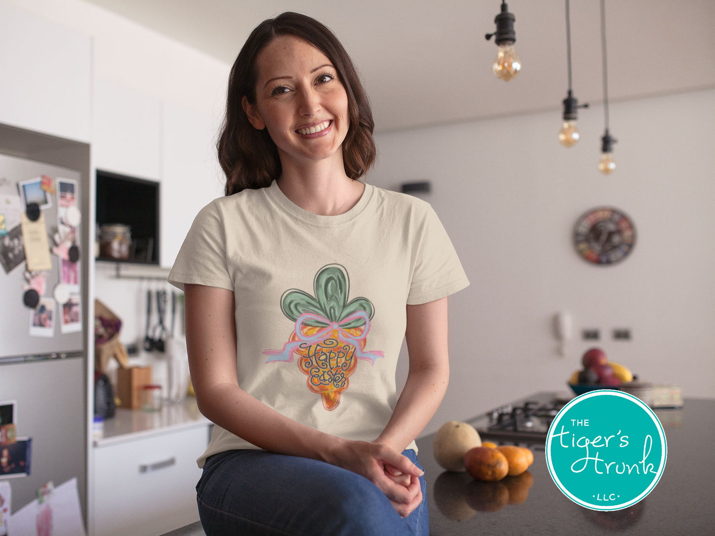 Easter t-shirt with Happy Easter text and watercolor carrot design, soft pastel spring look perfect for the holiday season.