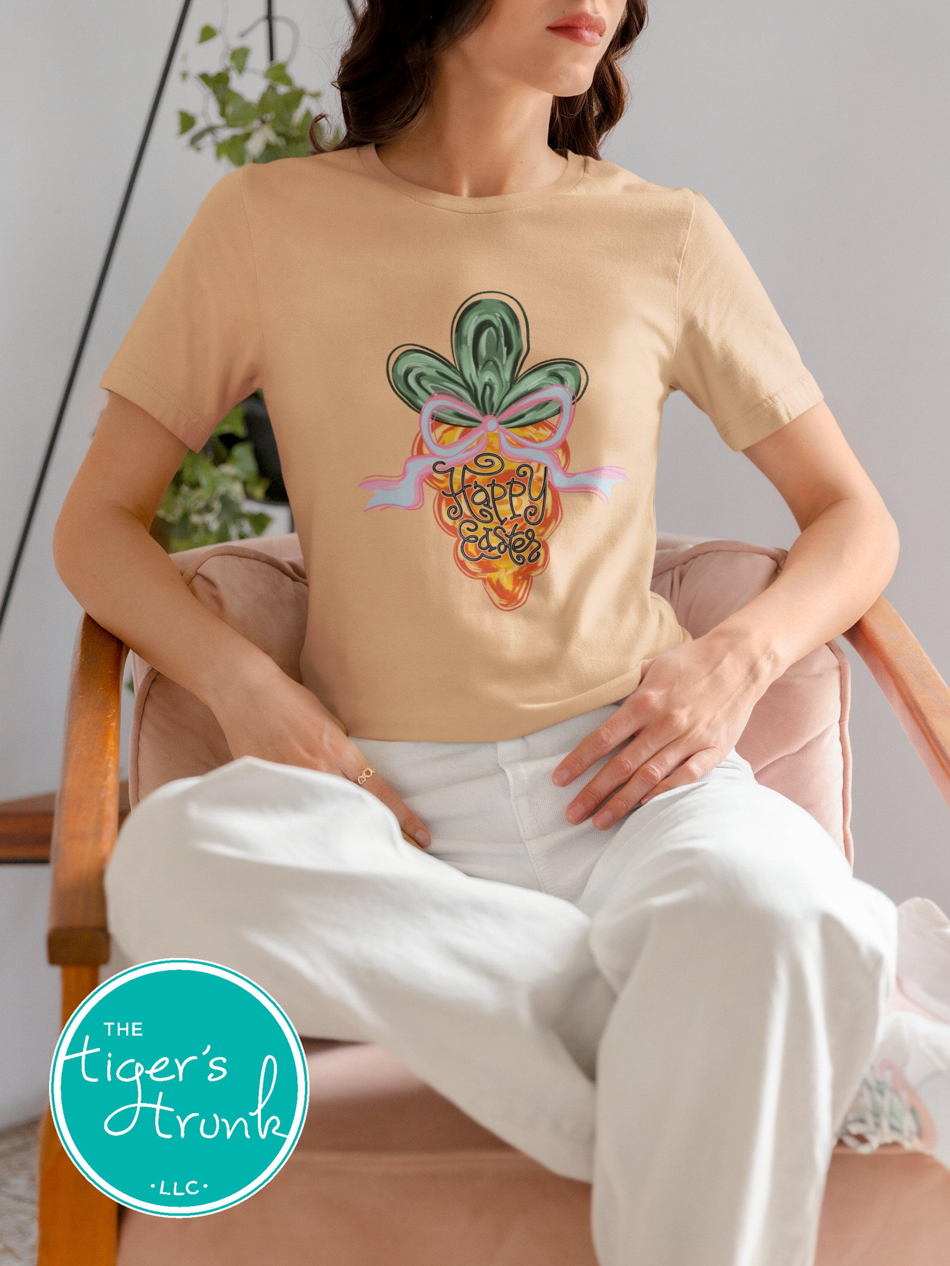 Easter t-shirt with Happy Easter text and watercolor carrot design, soft pastel spring look perfect for the holiday season.