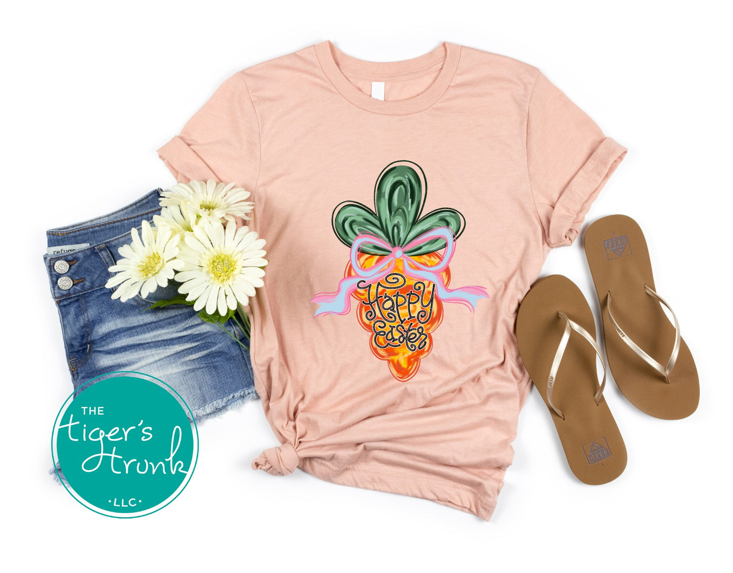 Easter t-shirt with Happy Easter text and watercolor carrot design, soft pastel spring look perfect for the holiday season.