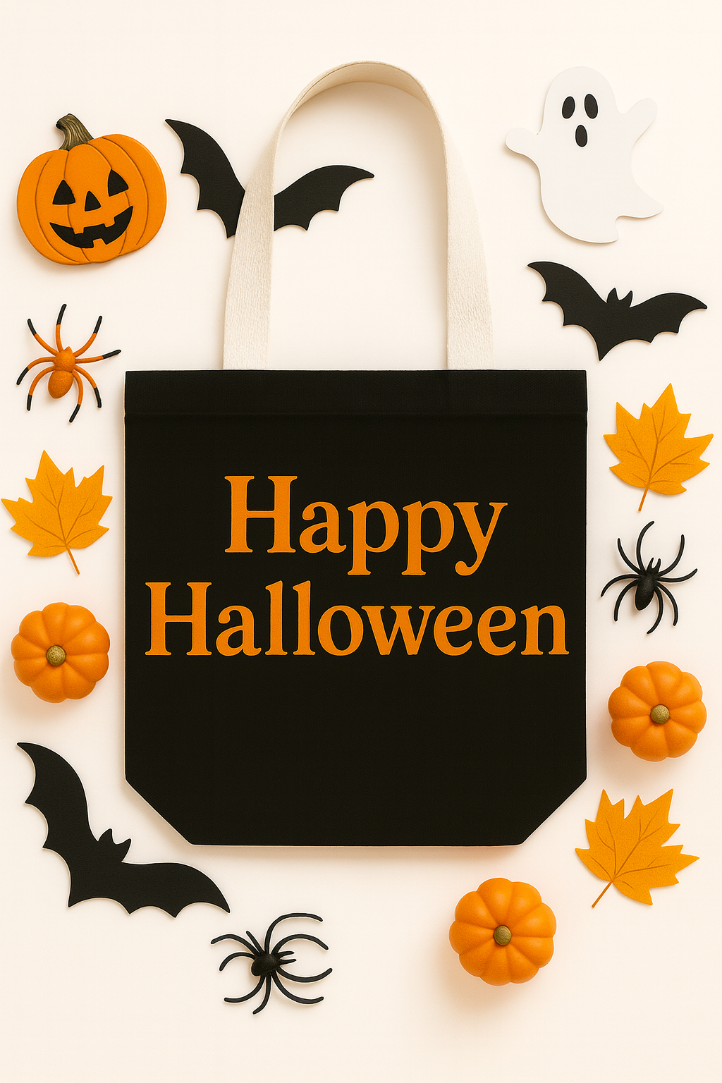 Black tote bag with 'Happy Halloween' text, surrounded by Halloween decorations on a white background