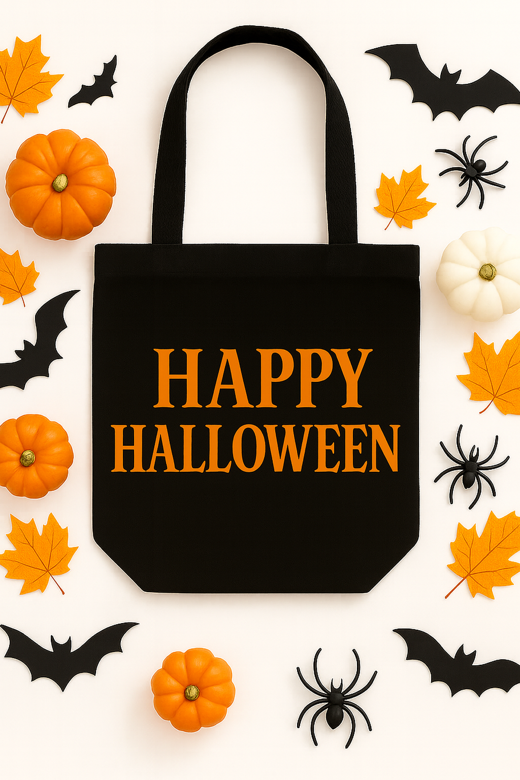 Black tote bag with 'Happy Halloween' text surrounded by Halloween decorations on a white background