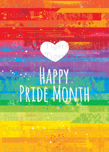 Printable Pride card with the message "Happy Pride Month" in vibrant rainbow colors, perfect for LGBTQ+ support and celebration