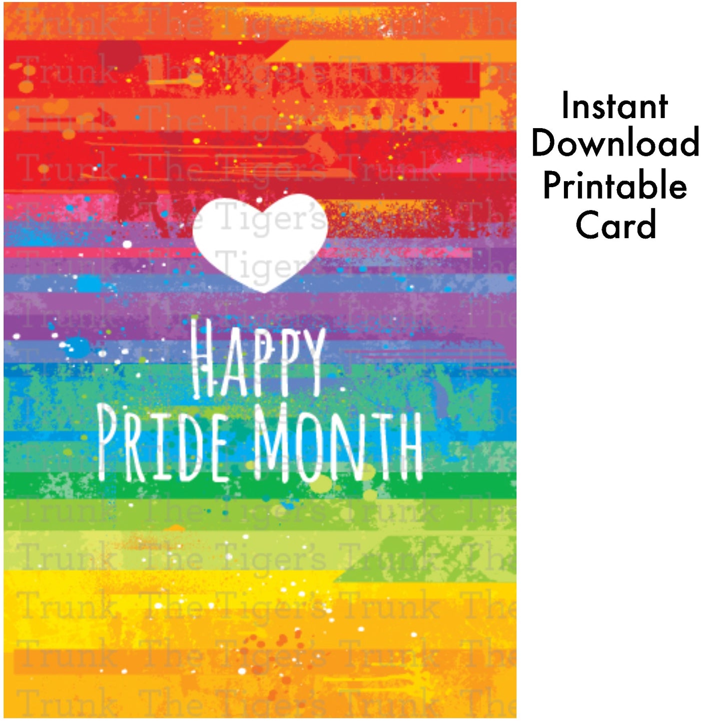Printable Pride card with the message "Happy Pride Month" in vibrant rainbow colors, perfect for LGBTQ+ support and celebration