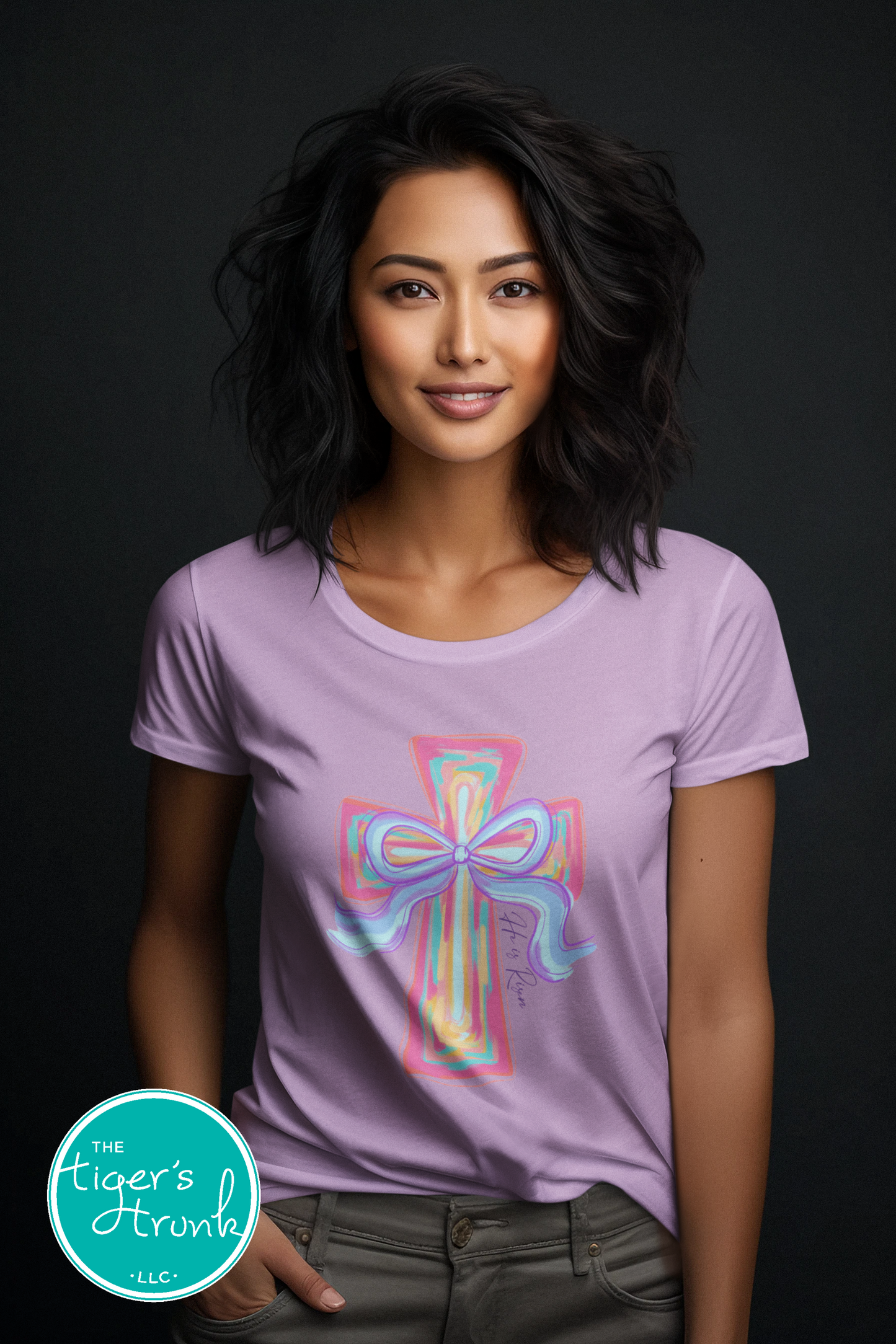 Christian Easter t-shirt with watercolor cross and He Is Risen message, designed for faith-based spring celebrations