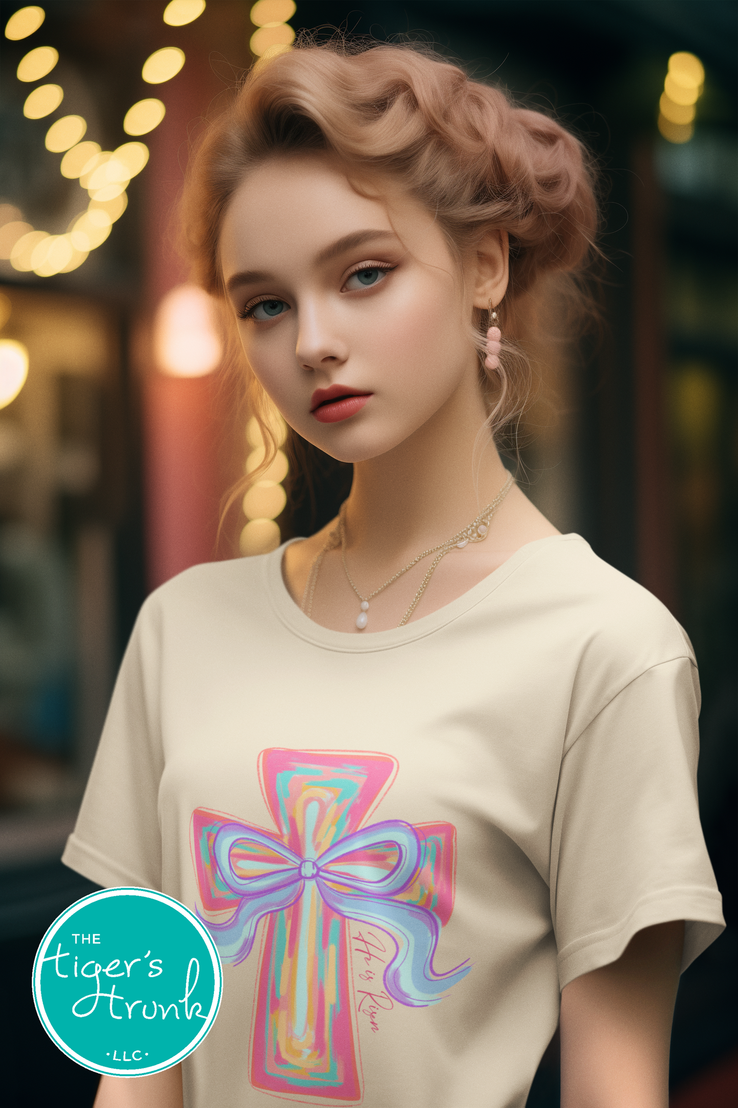 Christian Easter t-shirt with watercolor cross and He Is Risen message, designed for faith-based spring celebrations