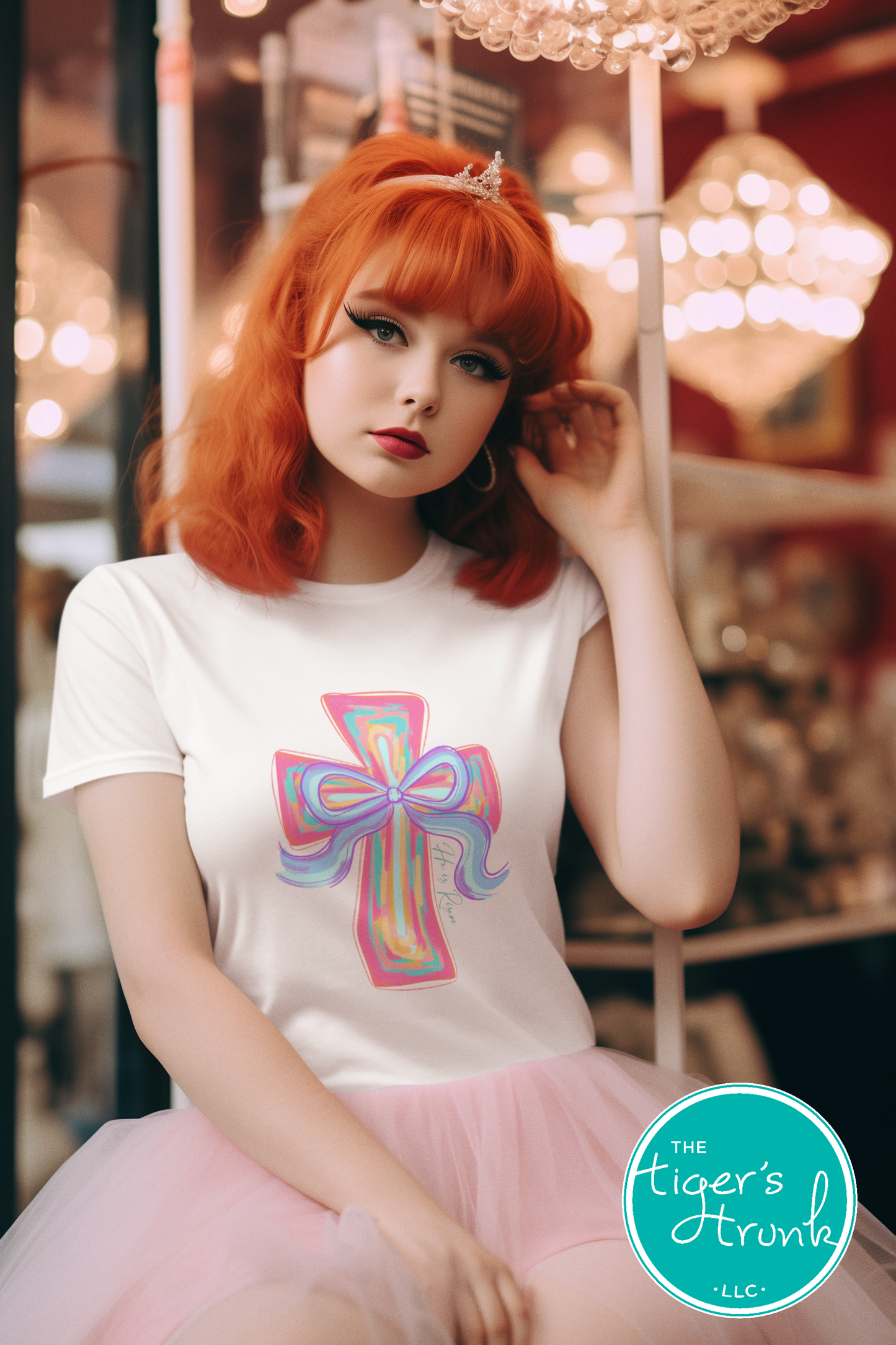Christian Easter t-shirt with watercolor cross and He Is Risen message, designed for faith-based spring celebrations