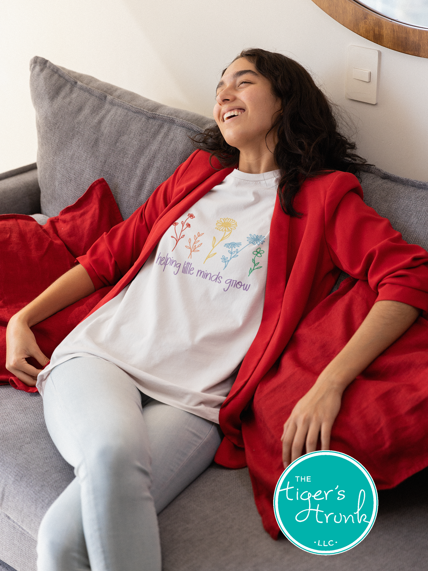 T-shirt with wildflowers and the phrase "Helping Little Minds Grow," a soft and inspiring design for educators and school staff