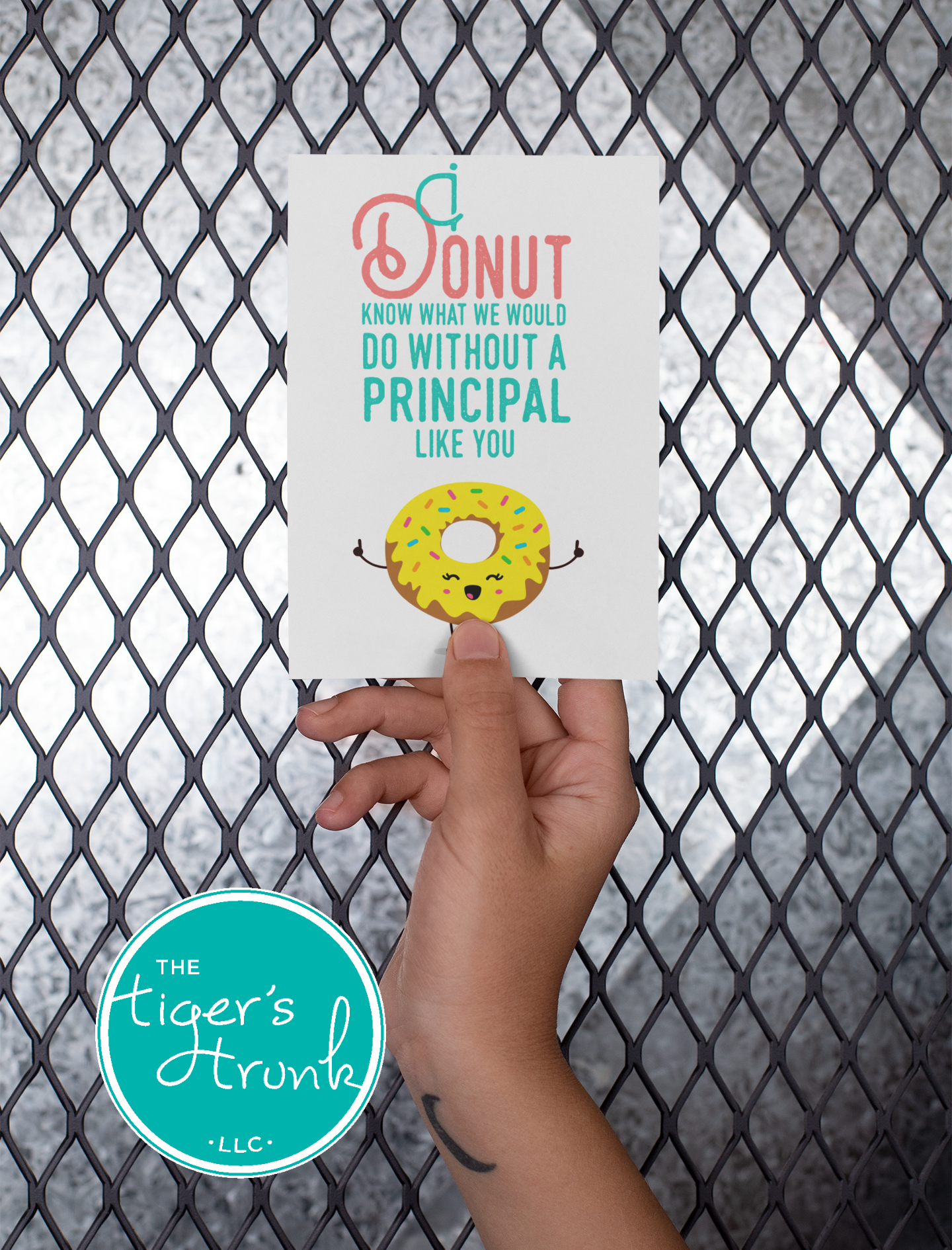 Printable Principal Appreciation card with a donut theme and a fun thank-you message, available as an instant digital download in PDF format.