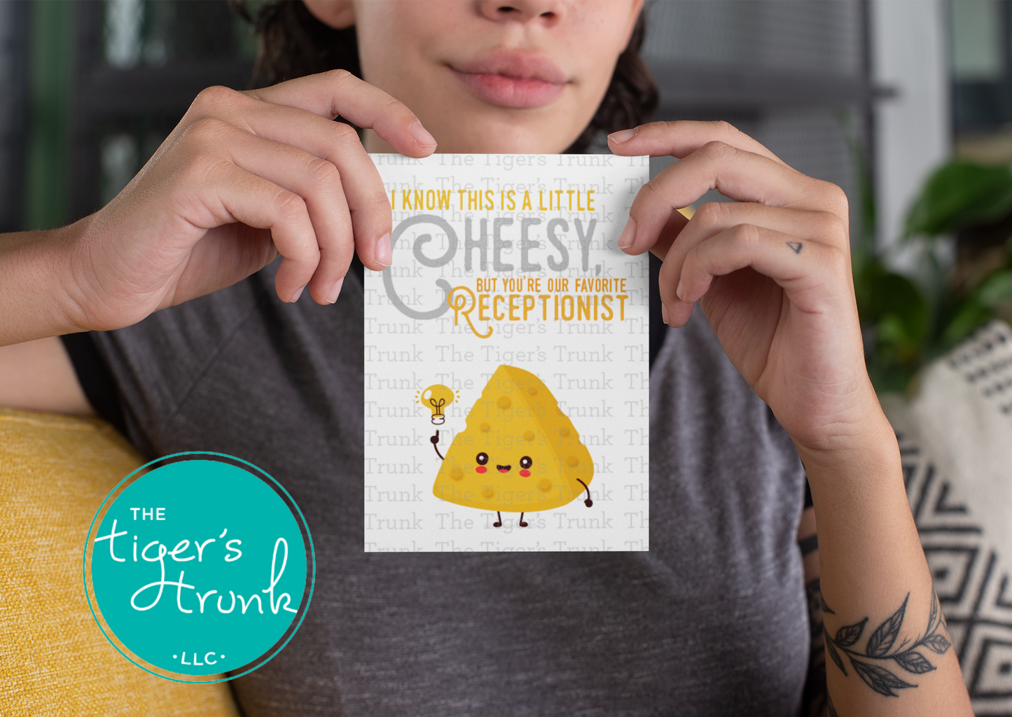 Printable card with cheese theme and message "I Know This Card Is a Little Cheesy, But You're Our Favorite Receptionist," instant download