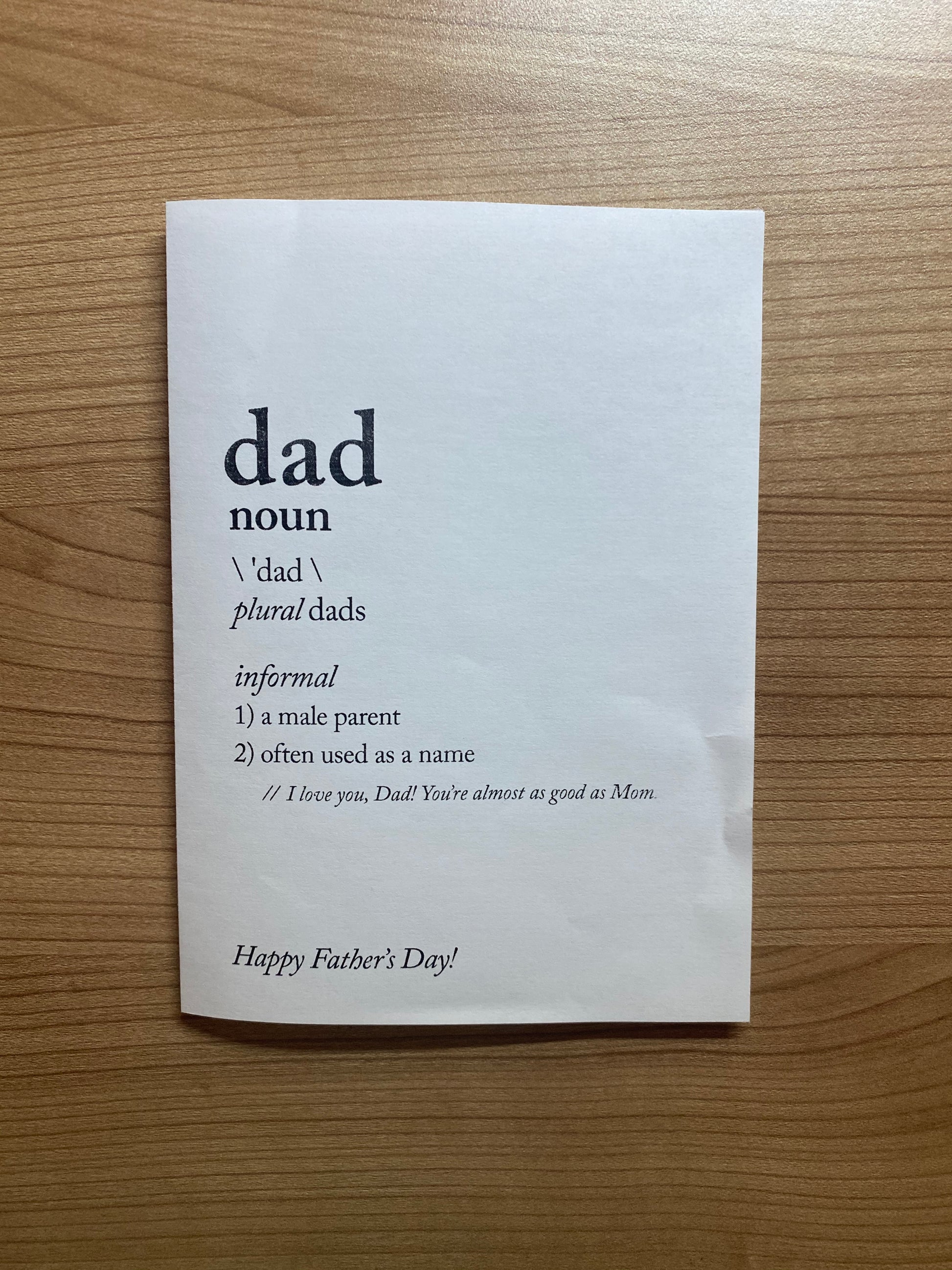 Father’s Day printable card with a dictionary-style definition of “Dad” ending in “You’re almost as good as Mom,” instant download