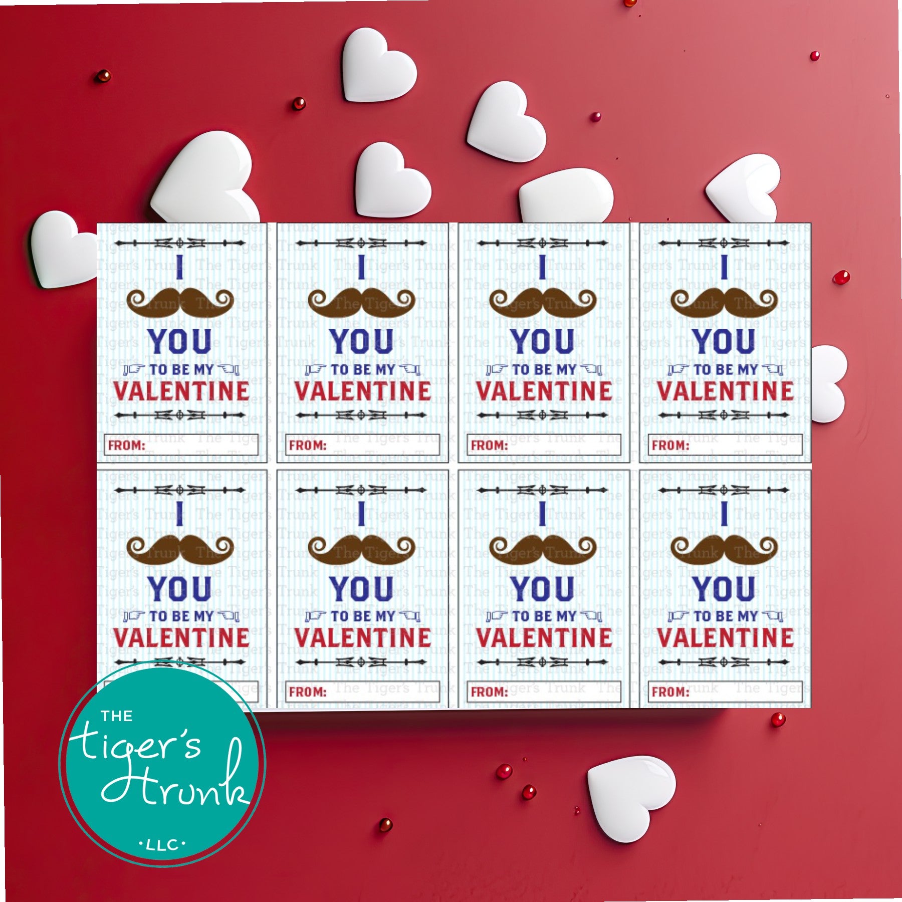 Printable mustache-themed Valentine cards with a funny pun, instant download, perfect for classroom exchanges and non-candy Valentine gifts.