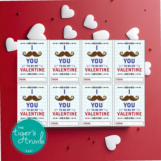 Printable mustache-themed Valentine cards with a funny pun, instant download, perfect for classroom exchanges and non-candy Valentine gifts.