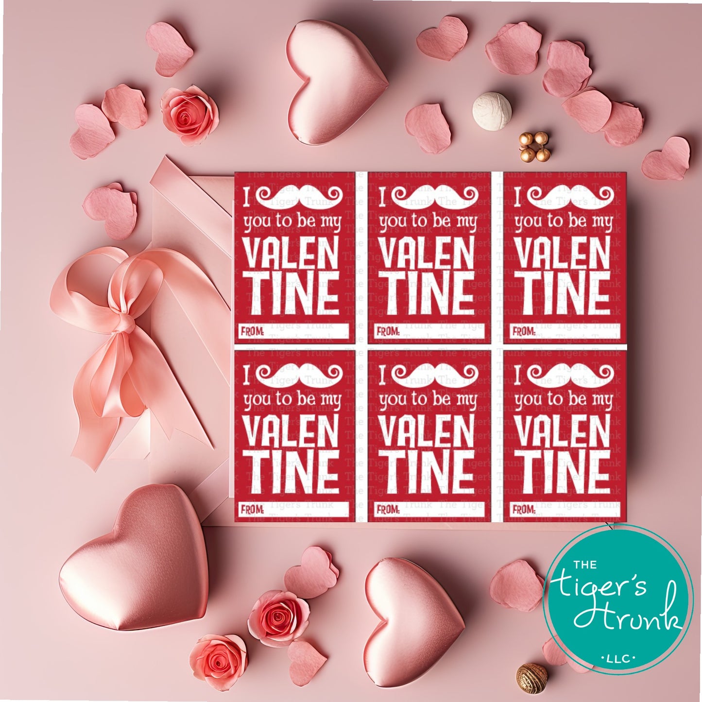 Printable mustache-themed Valentine cards with a funny pun, instant download, perfect for classroom exchanges and non-candy Valentine gifts.