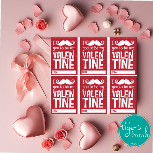Printable mustache-themed Valentine cards with a funny pun, instant download, perfect for classroom exchanges and non-candy Valentine gifts.