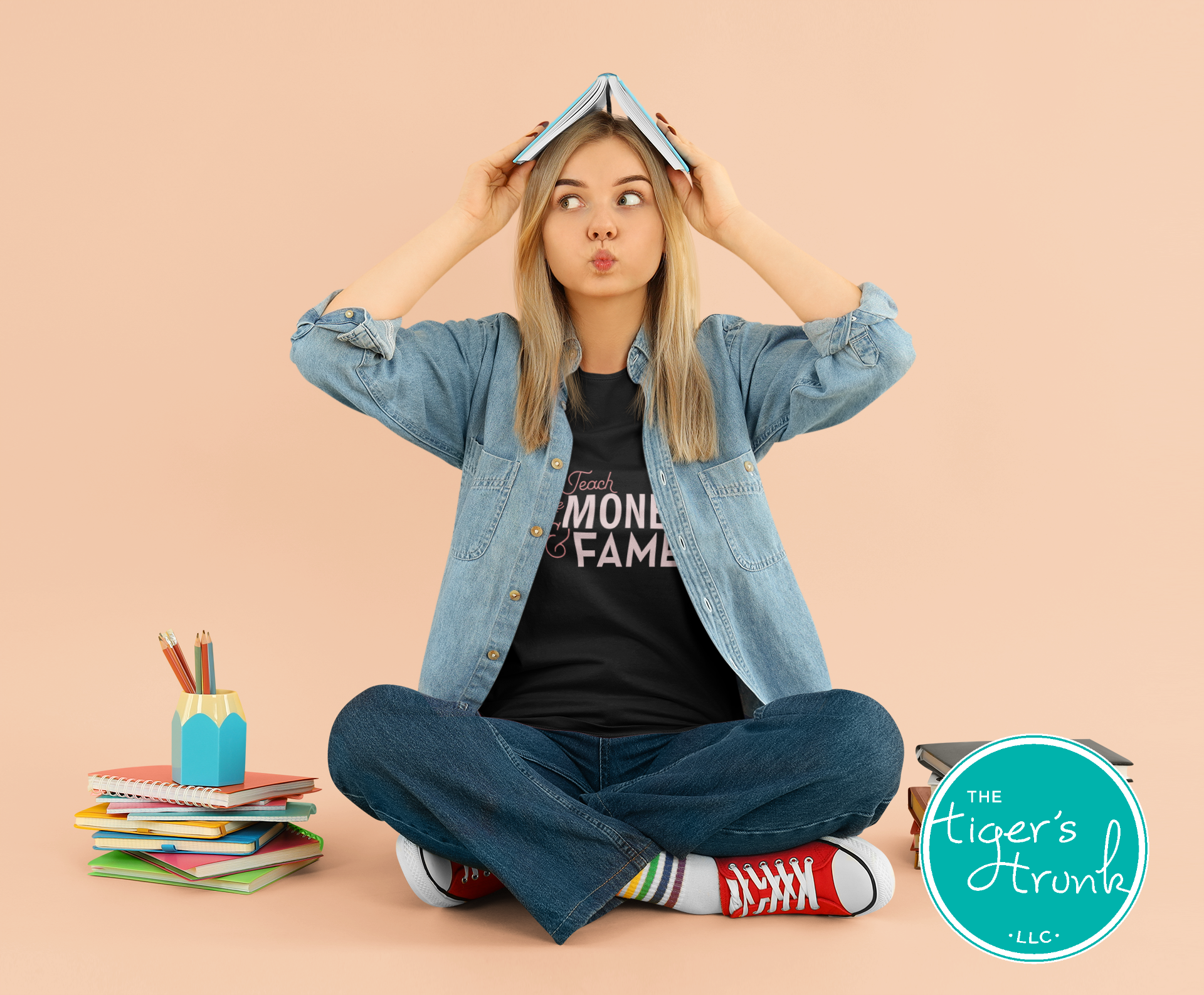 T-shirt with the phrase "I Teach for the Money & Fame," humorous and sarcastic gift for teachers and school staff