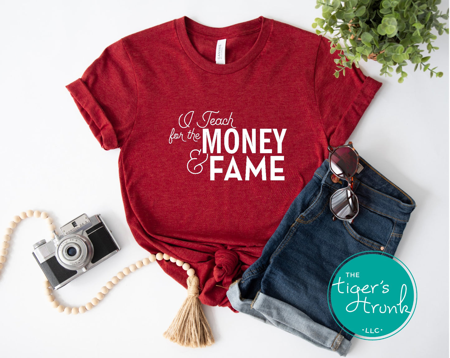 T-shirt with the phrase "I Teach for the Money & Fame," humorous and sarcastic gift for teachers and school staff