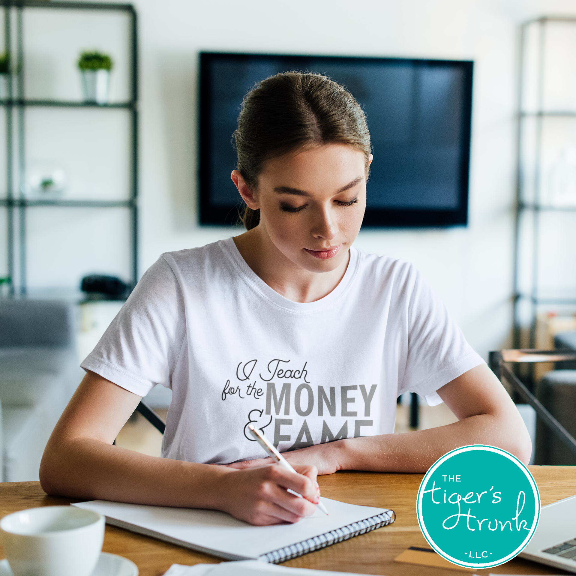 T-shirt with the phrase "I Teach for the Money & Fame," humorous and sarcastic gift for teachers and school staff