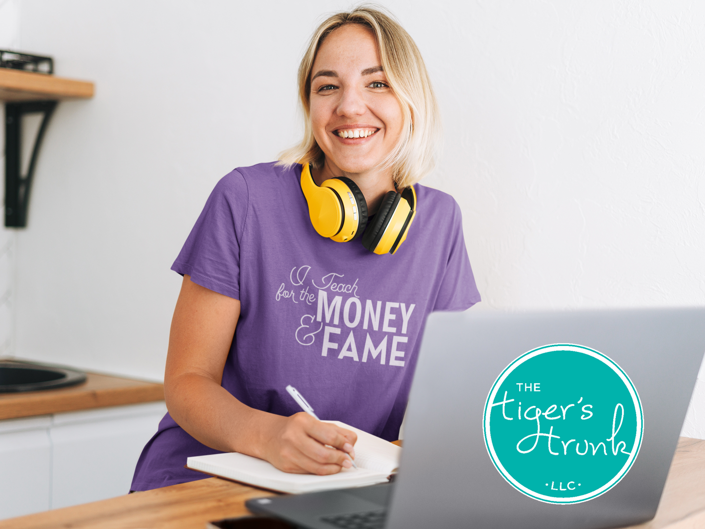 T-shirt with the phrase "I Teach for the Money & Fame," humorous and sarcastic gift for teachers and school staff
