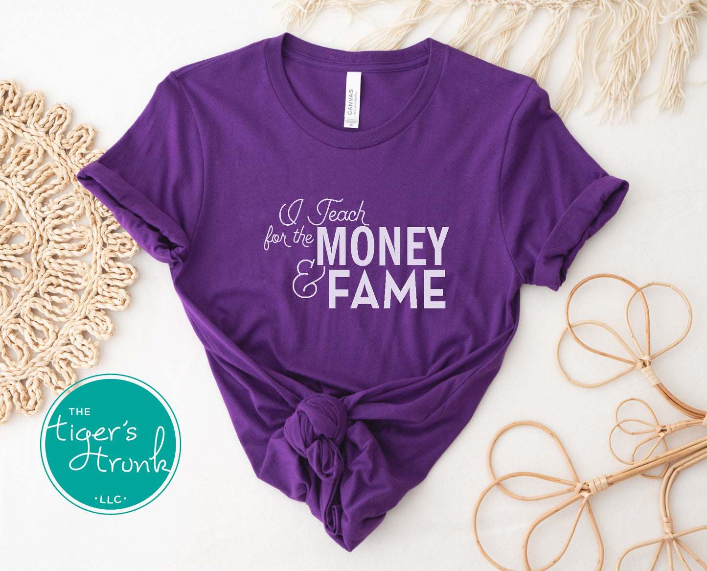 T-shirt with the phrase "I Teach for the Money & Fame," humorous and sarcastic gift for teachers and school staff