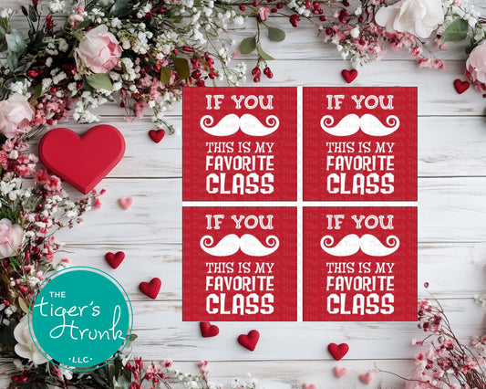 Printable teacher Valentine cards with a mustache pun, instant download classroom Valentine gifts for students and school appreciation.