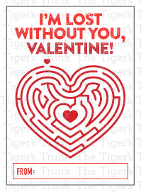 Maze-themed Valentine cards with messages like "You’re Amazing" and "I’m Lost Without You," perfect for kids.