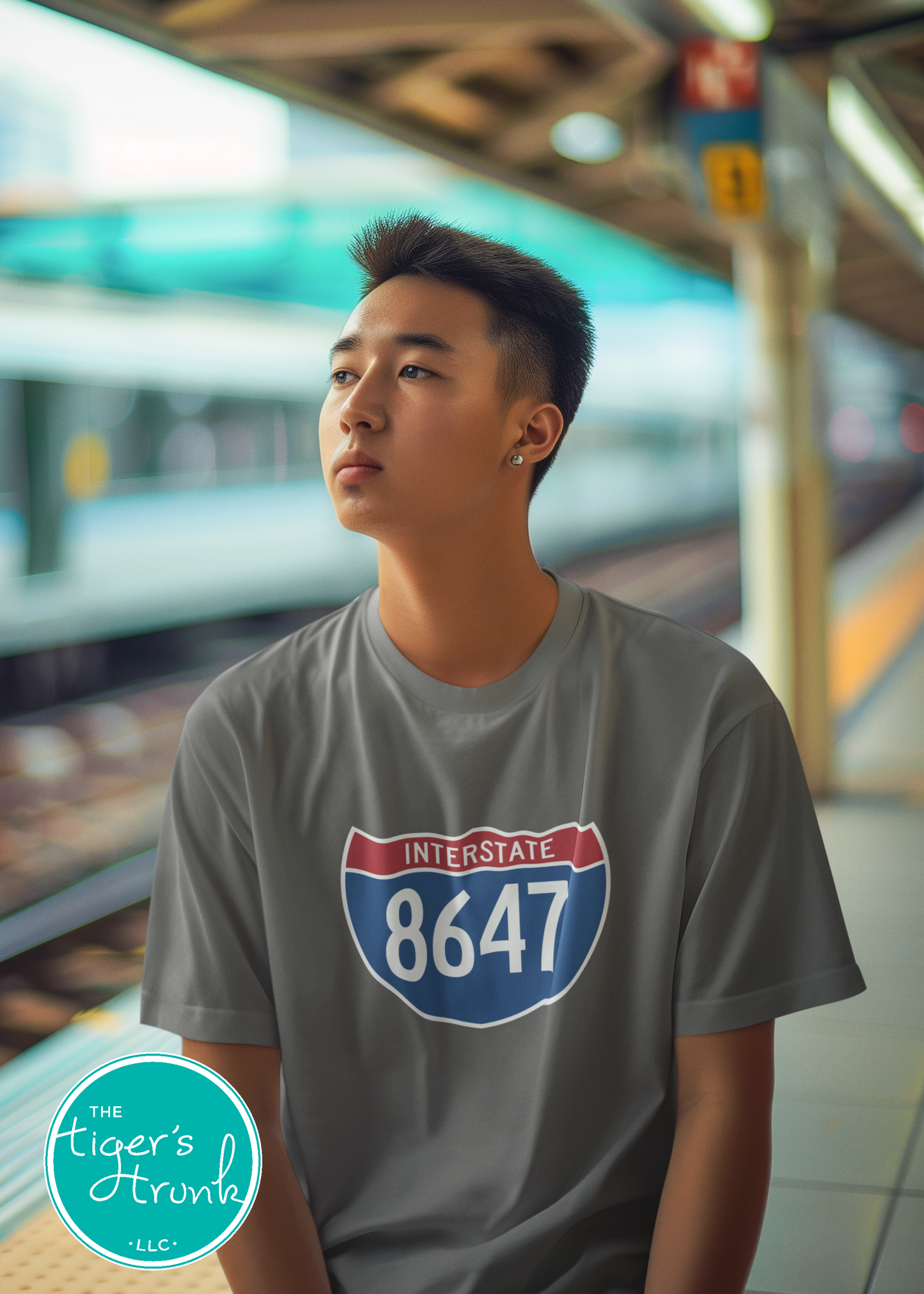 T-shirt featuring 8647 inside an Interstate sign, clean and bold design with a subtle political message