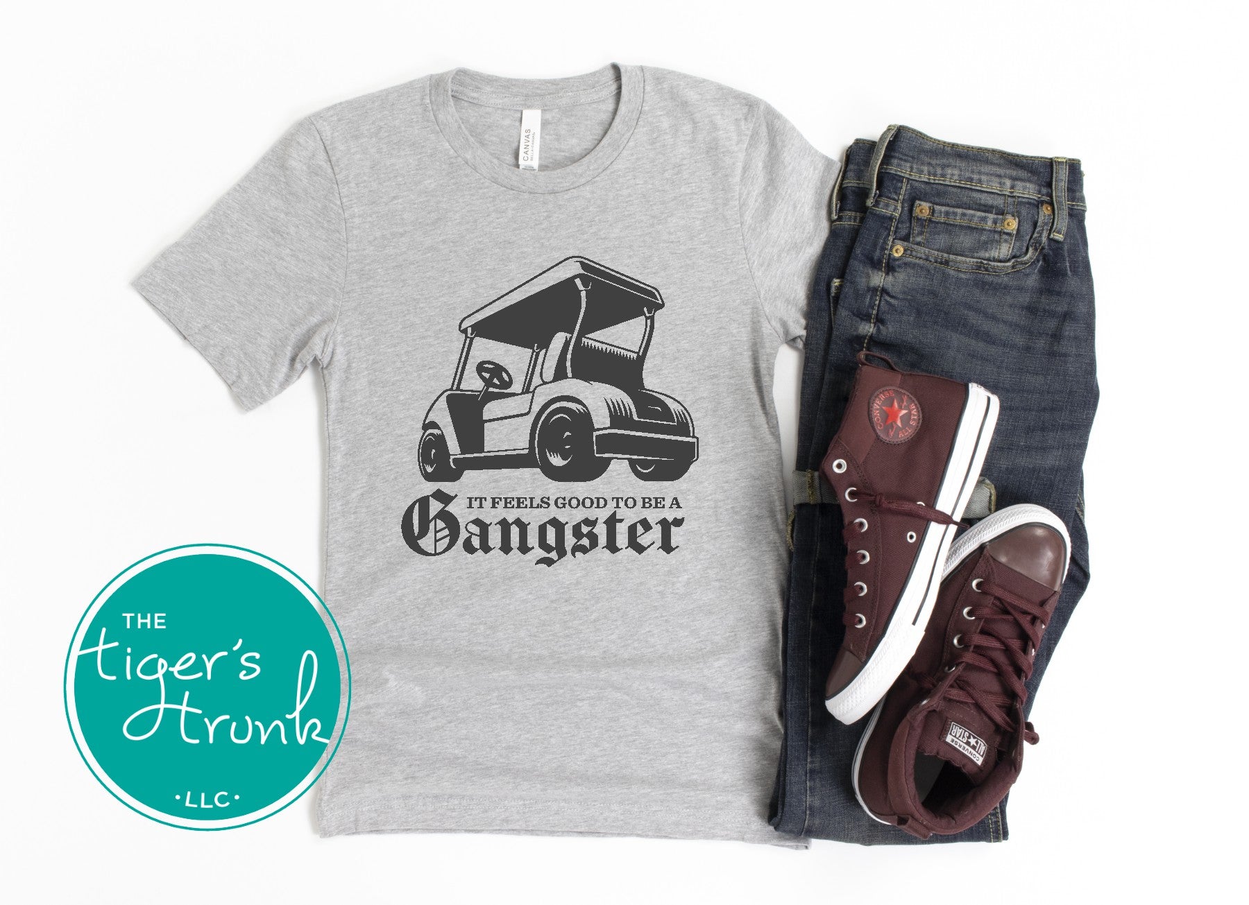 Heather athletic golf cart shirt with charcoal graphic that says It Feels Good to Be a Gangster, funny golf t-shirt, golfer gift for men