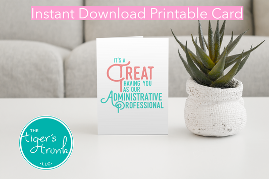 Printable Administrative Assistant Appreciation card with a cheerful thank-you message, available as an instant digital download.