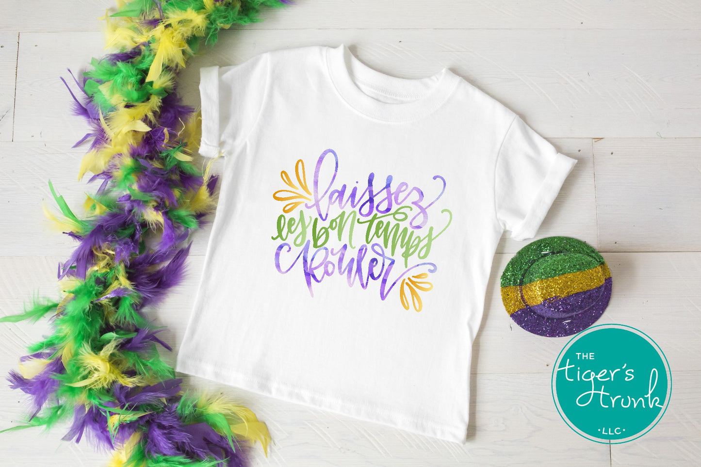 Mardi Gras t-shirt featuring Laissez les Bon Temps Rouler, perfect for parades and New Orleans celebrations.