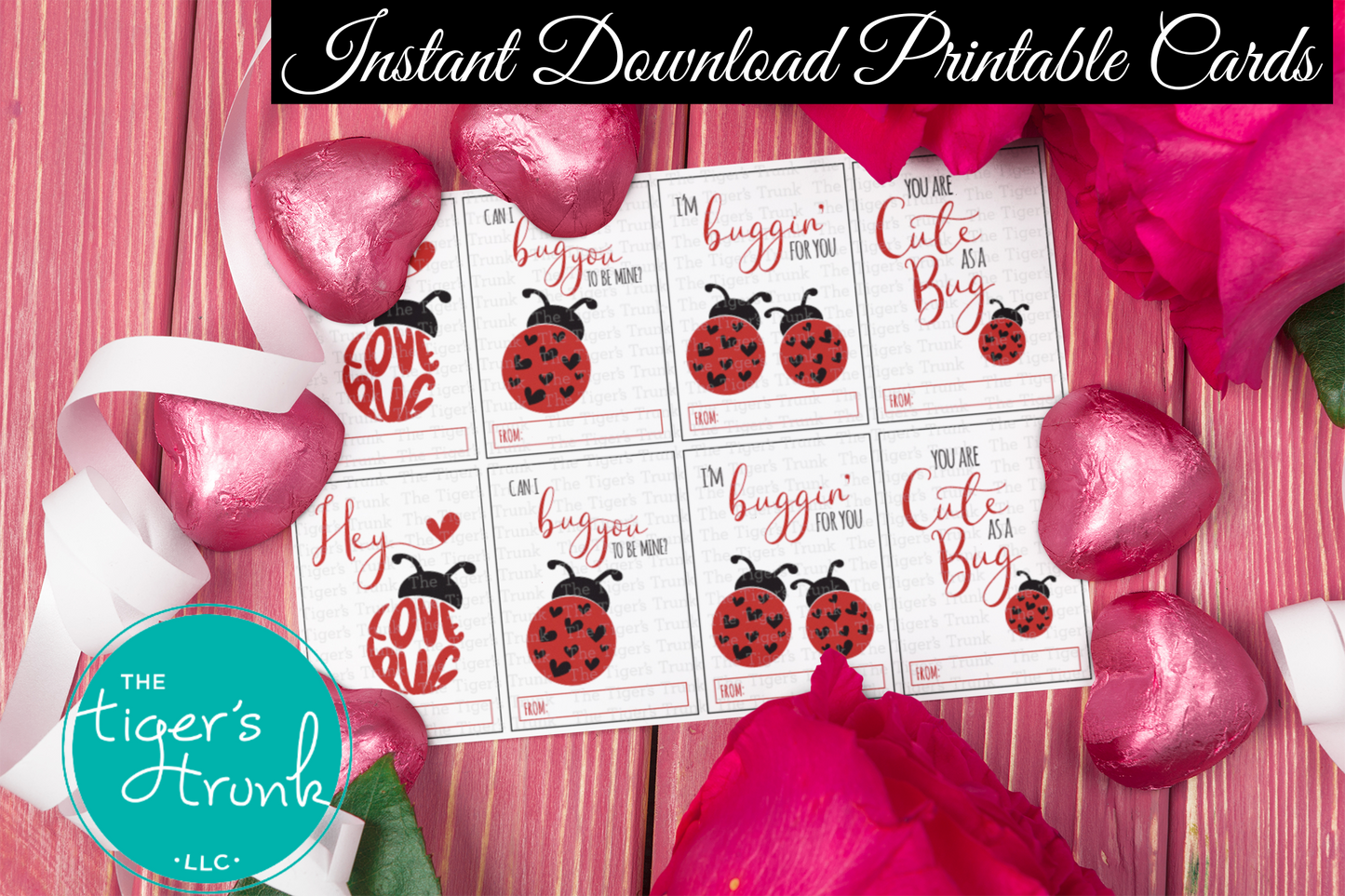 Valentine’s cards with a ladybug theme featuring messages like "Can I Bug You to Be Mine?" and "You Are Cute as a Bug."