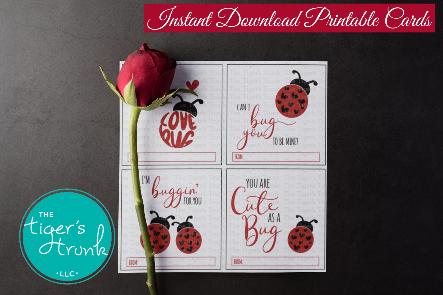 Ladybug-themed Valentine’s tags with messages like "Can I Bug You to Be Mine?" and "You Are Cute as a Bug," ideal for gift bags and classroom exchanges.